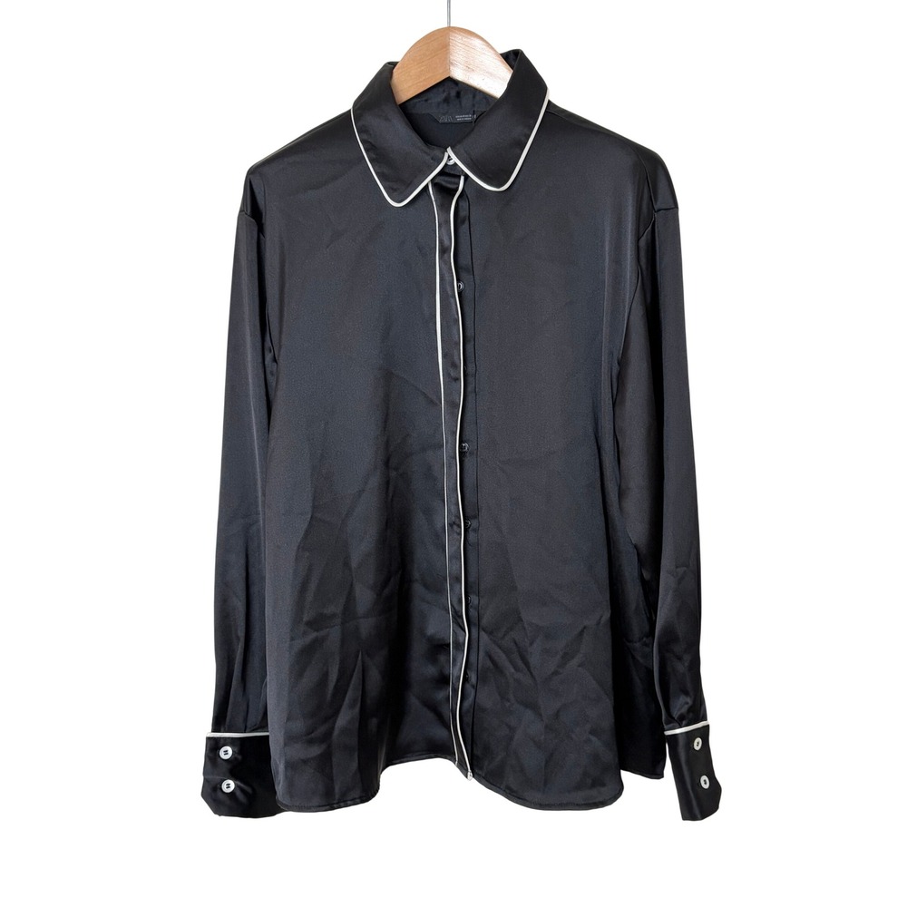 Zara Black Satin Pajama Style Blouse White Piping Button Up Shirt NWT Size M